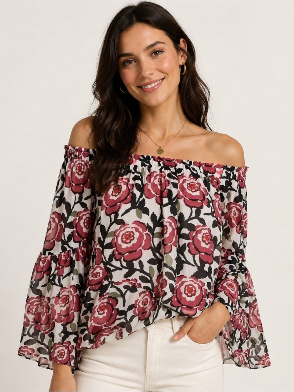 Ann Taylor LOFT Pink Floral off the Shoulder Blouse Top